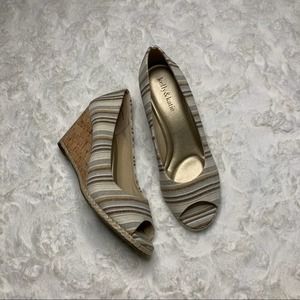KELLY & KATIE open toe striped canvas slip on wedge tan,brown,navy shoes size 8
